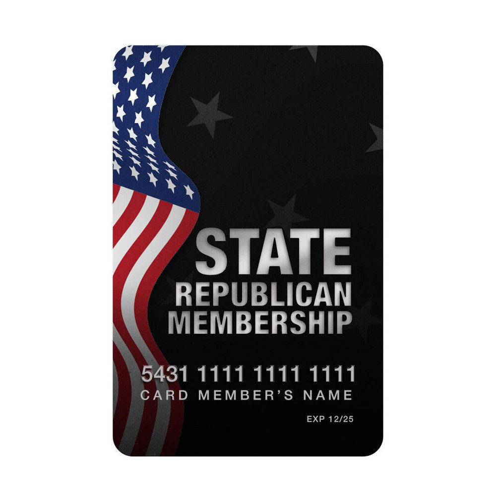 Black State Republican Membership card featuring a wavy American flag design on the left, bold silver text reading 'State Republican Membership' in the center, and a mock credit card number with placeholder text for the cardholder’s name and expiration date at the bottom.