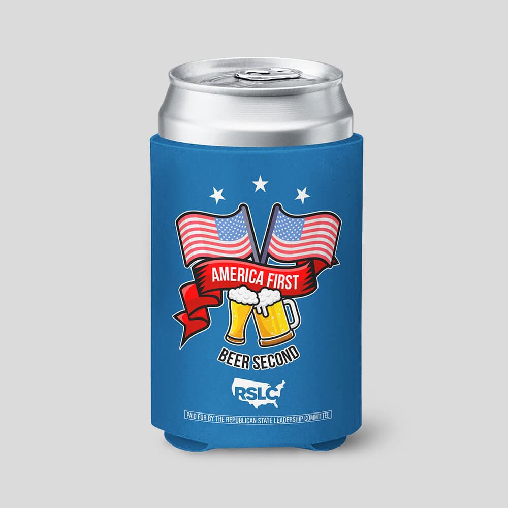 Blue can cooler featuring two American flags, clinking beer mugs, and the slogan 'America First, Beer Second' with RSLC logo at the bottom.